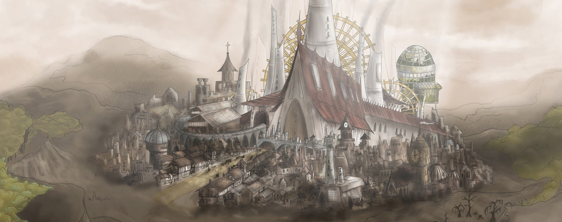 Animation by students featuring a dark scene of houses surrounding a large building with a large smoking chimney