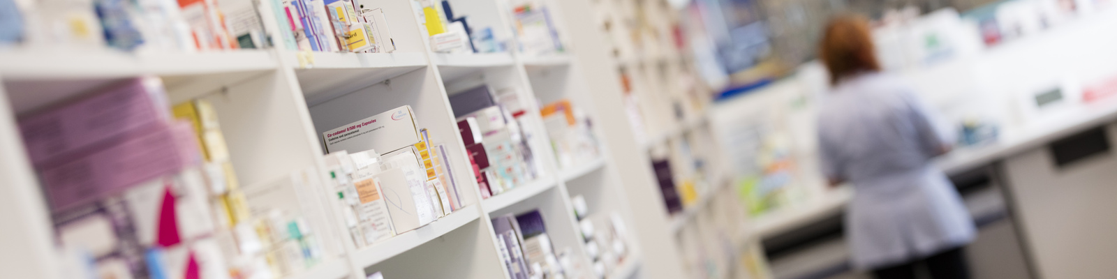 Medicine on shelves at at pharmacy