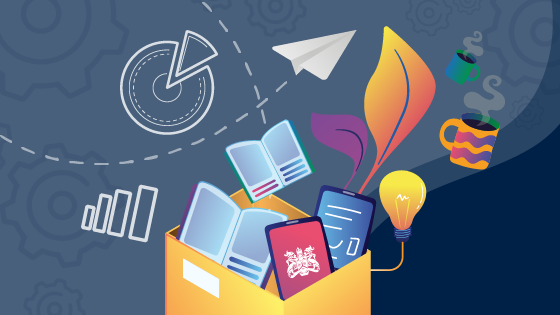 Books and resources in a box graphic