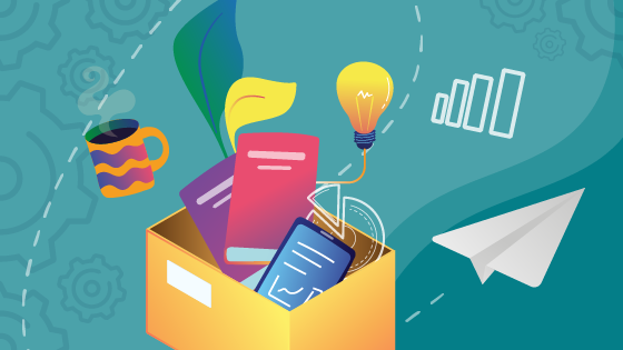Books and resources in a box graphic