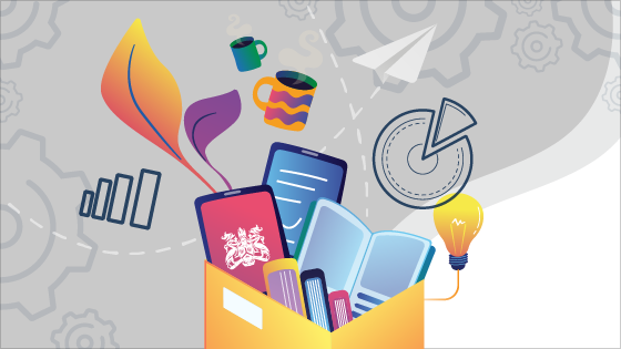 Books and resources in a box graphic